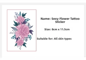 Détail de tatouage temporaire floral avec roses roses et feuilles, taille 8x11,5 cm