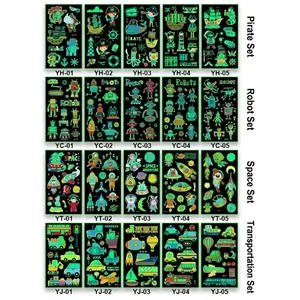 Set of 20 luminous waterproof cartoon temporary tattoos for kids with pirate and space themes