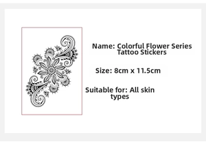 Detail showing monochrome mandala flower tattoo sticker dimensions 8cm by 11.5cm for all skin
