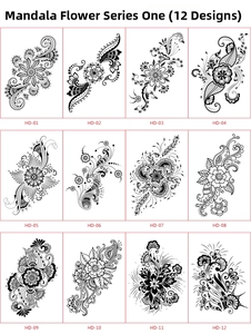 Catalog of 12 mandala flower temporary tattoos with geometric black and white sketches