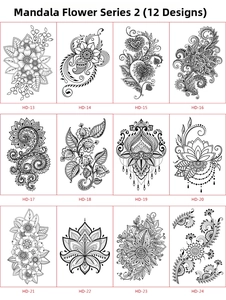 Detailed catalog showing 12 different mandala floral temporary tattoo designs for women