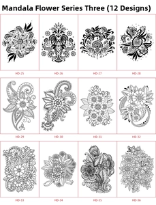 Macro view of twelve assorted black and white mandala flower temporary tattoo designs