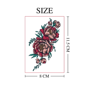 Red flower temporary tattoo sticker with green leaves, size 11.5x8 cm, waterproof floral design