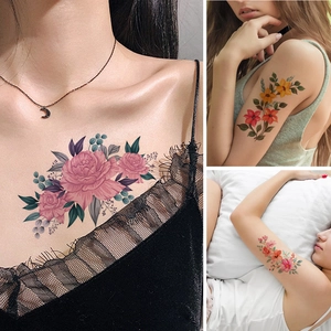 Realistic floral temporary tattoos showing peony designs on woman's chest and arm