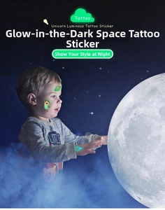 Luminous space tattoos showing astronauts and rockets glowing on a child's arm
