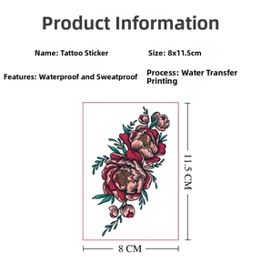 Detail showing waterproof red floral tattoo sticker size dimensions 8x11.5cm on white background