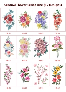 Detailed catalog of 12 watercolor sketch mandala flower temporary tattoos for body art