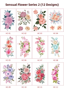 Detailed catalog of 12 colorful floral tattoo stickers with rose and lily watercolor designs