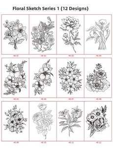 Detail grid of 12 black and white sketch floral and butterfly temporary tattoo designs