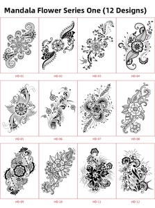Collection of 12 black mandala flower temporary tattoo stickers in a detailed grid view