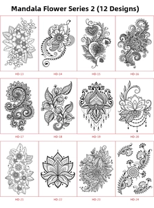 Collection of twelve mandala and lotus floral temporary tattoo stickers in black ink
