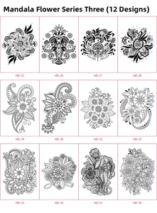 Detailed catalog showing 12 black mandala sketch floral temporary tattoo stickers