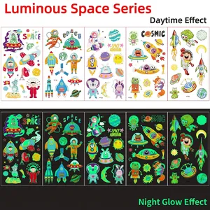 Glow in the dark space tattoos for kids showing day and night luminous effects