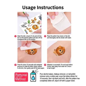 Instructional guide for applying animal themed temporary tattoos with clear visual steps