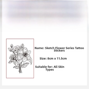 Detail of waterproof black and white sketch floral tattoo sticker with 8x11.5cm dimensions