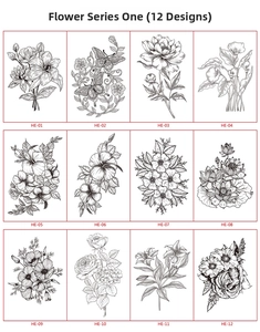 Grid layout showing 12 sketches of black and white floral and butterfly tattoo stickers