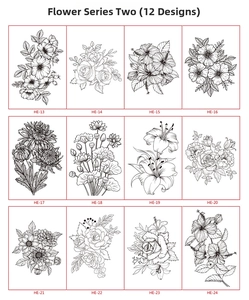 Detailed sheet showing twelve different sketch-style floral tattoo sticker designs from HE-13 to HE-24