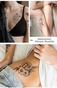 Waterproof realistic black floral sketch tattoo stickers with lily and rose designs