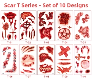 Série de 10 tatouages de cicatrices d'horreur d'Halloween avec plaies sanglantes