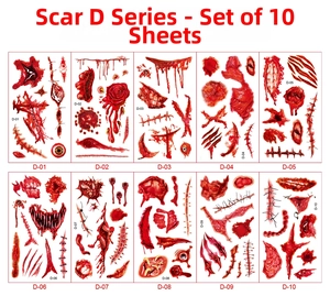 Vista macro di un set di 10 tatuaggi temporanei di cicatrici horror per Halloween
