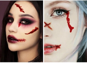 Vue macro de tatouages de cicatrices d'Halloween montrant des plaies et sutures sanglantes