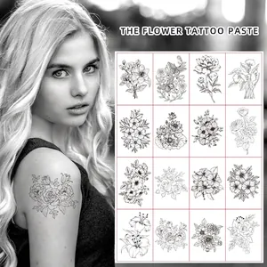 Sketch Flower Temporary Tattoo Stickers For Women Waterproof Fine Line Realistic Body Art For Chest Arm Waist Shoulder