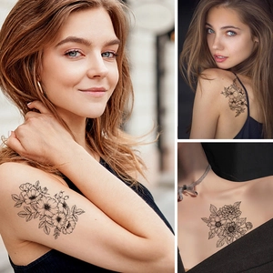 Waterproof temporary flower tattoo stickers featuring black sketch roses and daisy designs