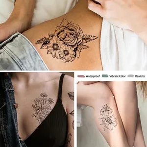 Realistic waterproof flower tattoo stickers with roses and lilies in sketchy black ink style