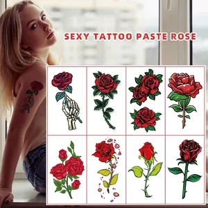 Sexy Rose Wasserdichte Temporäre Tattoo Aufkleber Realistische Rote Blume Skeletthand Körperkunst Für Damen Schlüsselbein