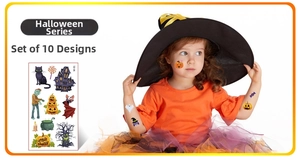 Dettaglio di 10 tatuaggi temporanei di Halloween per bambini con zucche e fantasmi