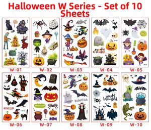 Set di 10 tatuaggi temporanei di Halloween per bambini con zucche e fantasmi buffi