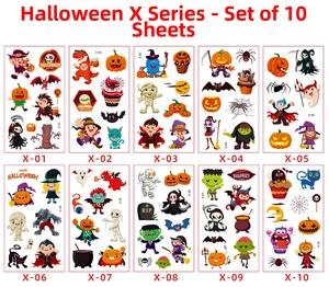 Dettaglio di 10 tatuaggi temporanei di Halloween impermeabili con disegni di zucche cartoon