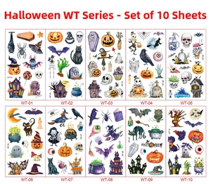 Foglio dettagliato di dieci tatuaggi temporanei di Halloween con zucche e fantasmi