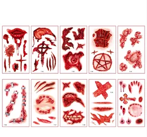 Set di 10 tatuaggi temporanei impermeabili per Halloween con cicatrici e bocche