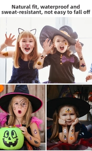 Viste dettagliate di bambini con tatuaggi di Halloween e disegni di zucche buffe