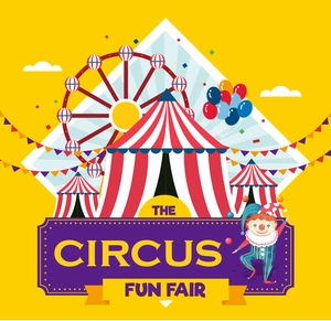Close-up of colorful cartoon circus theme tattoo with red tent and ferris wheel design