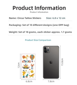 Size comparison of circus cartoon temporary tattoo stickers for kids showing 6.8x12cm dimensions