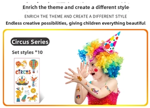 Waterproof circus temporary tattoo stickers set for kids with clown and animal motifs