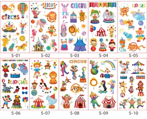 Flat lay of 10 waterproof circus temporary tattoo sheets for kids with clown and animal motifs