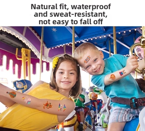 Kids colorful circus temporary tattoos with lions and tents worn by children on a carousel