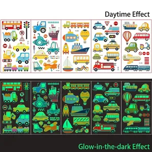 Luminous cartoon vehicle tattoos showing day effect and glowing night effect for kids