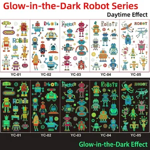 Luminous cartoon robot temporary tattoos for kids showing day and night glowing effect