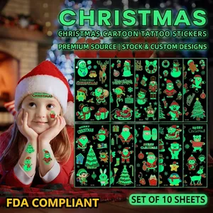 Glow-in-the-dark Christmas temporary tattoos for kids with festive cartoon patterns