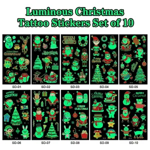 Lot de 10 tatouages éphémères de Noël lumineux avec Père Noël et motifs festifs