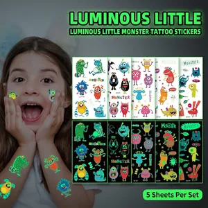 Autocollants de Tatouage Temporaire Lumineux pour Enfants Imperméable Petit Monstre Dessin Animé Brille Dans le Noir Autocollant de Corps Fluorescent pour Garçons Filles Fête