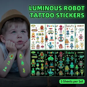 Kids Luminous Cartoon Robot Temporary Tattoo Stickers Glow In The Dark Waterproof For Children Birthday Party Favors