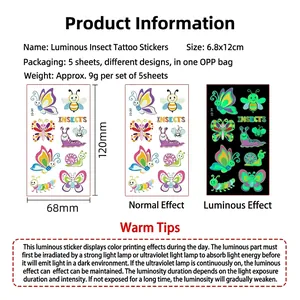 Luminous cartoon insect tattoo stickers for kids featuring butterflies and bees