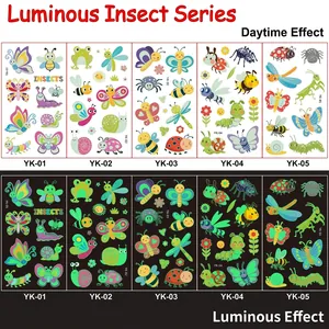 Waterproof luminous insect cartoon tattoo stickers with glow in the dark butterfly and bee patterns