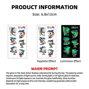 Luminous cartoon shark tattoo stickers for kids showing day and night glow effects