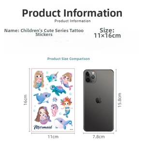 Size comparison of mermaid tattoo sheet measuring 11x16cm next to a smartphone
